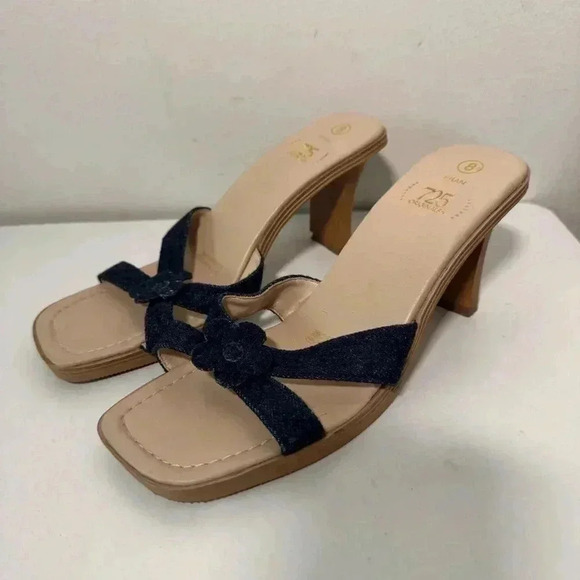 Y2K vintage denim floral block heel sandal  8 coastal cowgirl - Picture 2 of 7